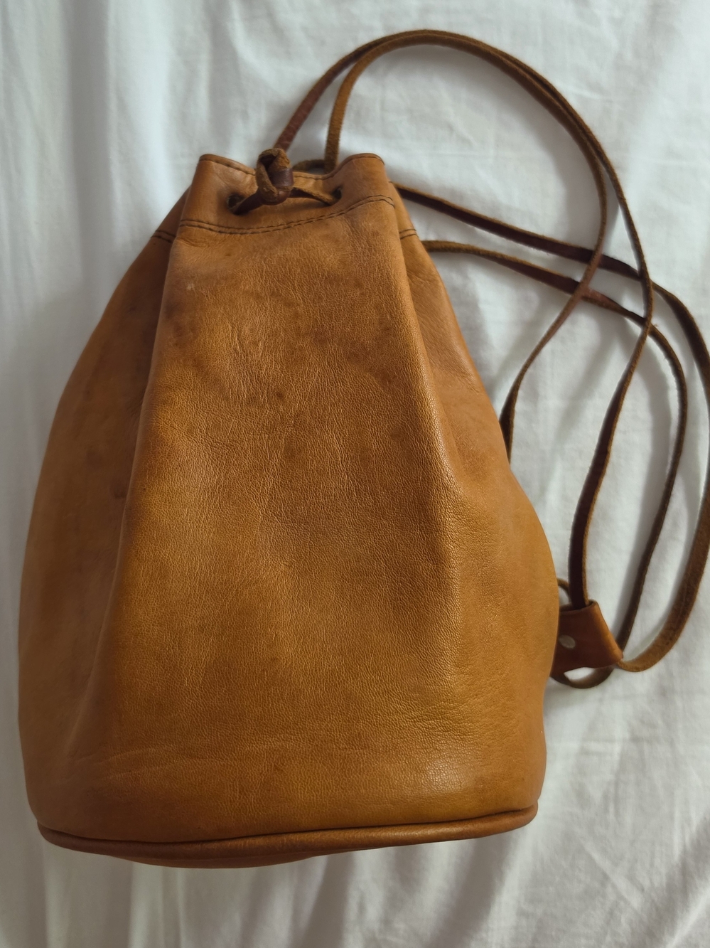 Leather Drawstring Backpack Bag in Cognac